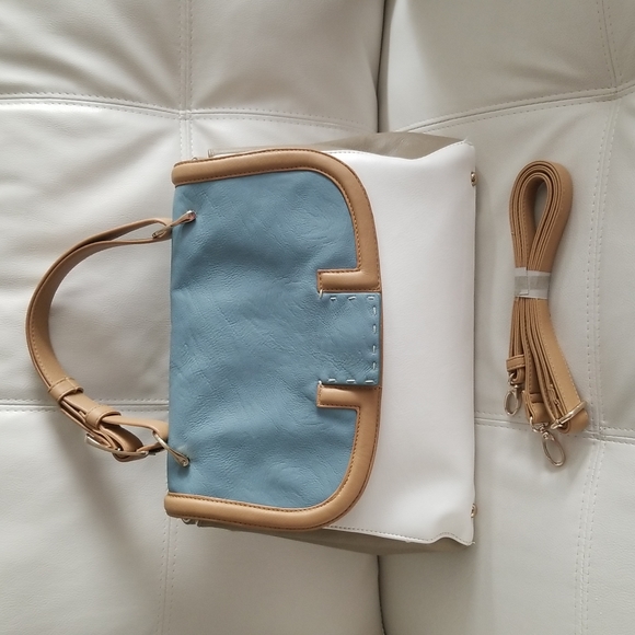 Simon Chang blue/white/tan color block purse - Picture 1 of 6